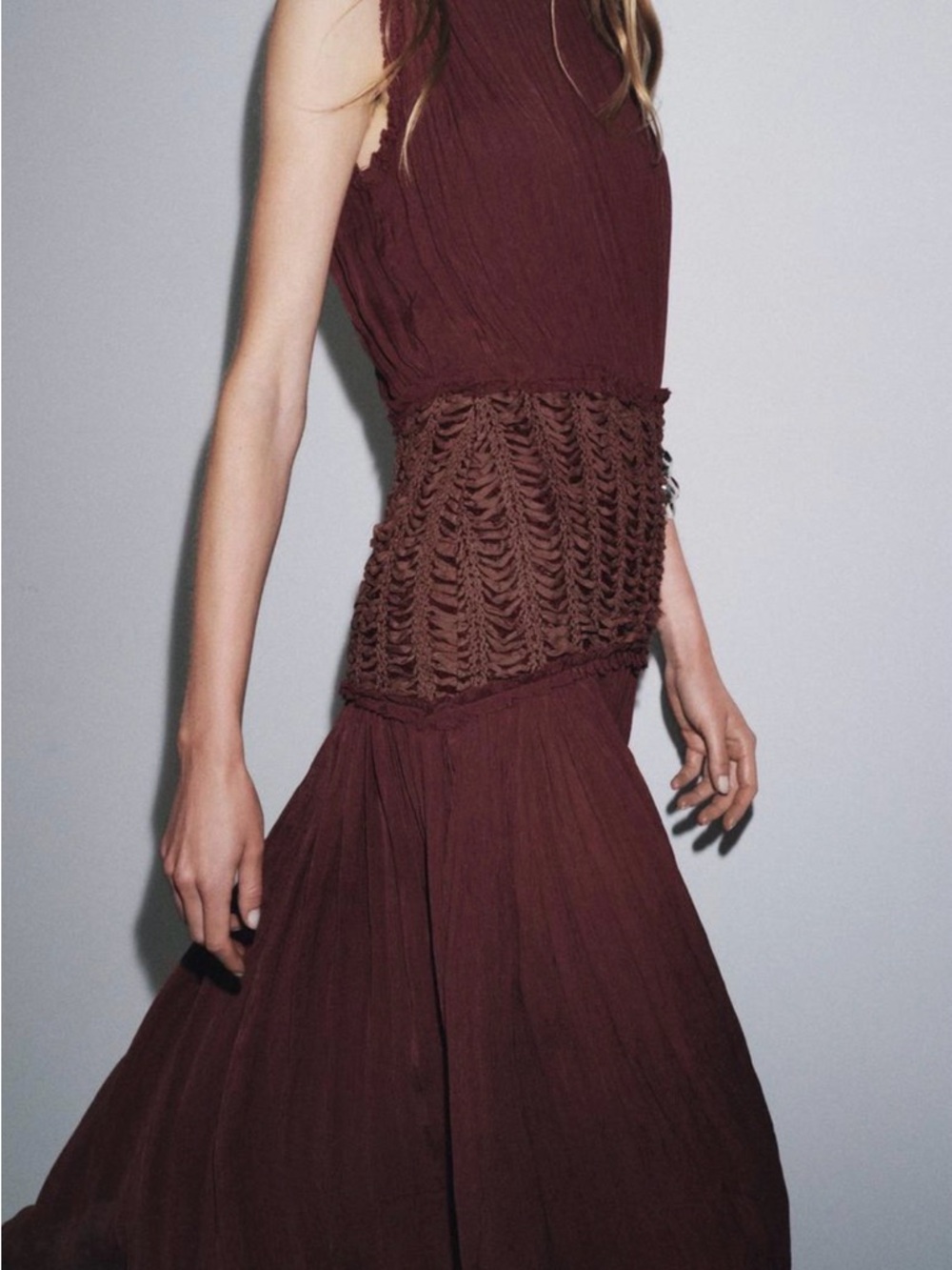 Zara Brown Maxi Dress with Crochet Waist